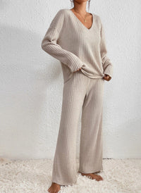 Edina – V-Ausschnitt Und Strickmuster Zweiteiler Setz – Beige