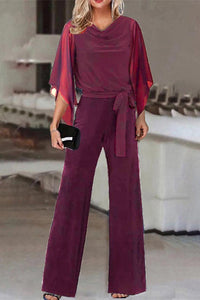 Heidi-Mode | Lässig Einfarbig Bandage Asymmetrischer Kragen Gerader Jumpsuit - 4 Farben – Burgunderrot