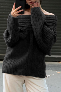 Sarlotte | Oversized Strickpullover mit breitem Kragen für Damen – Schwarz