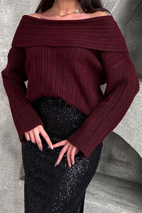 Sarlotte | Oversized Strickpullover mit breitem Kragen für Damen – Burgunderrot