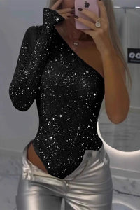 Heidi-Mode | Sexy Pailletten Paillettenschulterfreies Skinny Bodysuit - 6 Farben – Schwarz