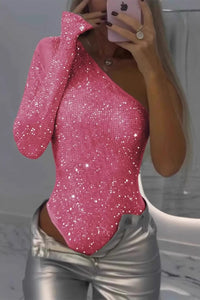 Heidi-Mode | Sexy Pailletten Paillettenschulterfreies Skinny Bodysuit - 6 Farben – Rosa