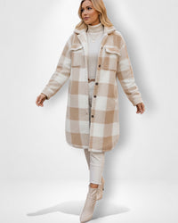 Langer Teddy-Mantel in Hemdjacken-Optik mit Karo-Muster – Khaki