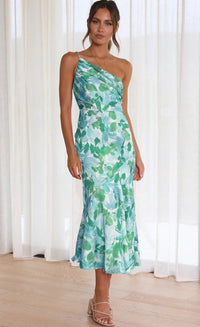 Aeris | Langes Asymmetrisches Kleid mit Blumenmuster – Türkis
