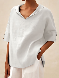 Heidi-Mode | V-Ausschnitt Casual Leinenhemd – Weiß