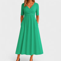 Lilian | Damen Maxikleid V-Ausschnitt Kurzarm Fließend Sommer Elegant – Grün