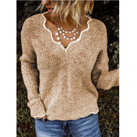 Damen SPITZEN V-AUSSCHNITT STRICKPULLOVER | ELEGANTER, KOMFORTABLER STIL – Braun