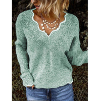 Damen SPITZEN V-AUSSCHNITT STRICKPULLOVER | ELEGANTER, KOMFORTABLER STIL – Grün