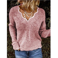 Damen SPITZEN V-AUSSCHNITT STRICKPULLOVER | ELEGANTER, KOMFORTABLER STIL – Rosa