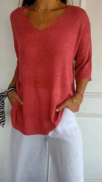 | Bequemes Damen Stricktop mit V-Ausschnitt – Rot