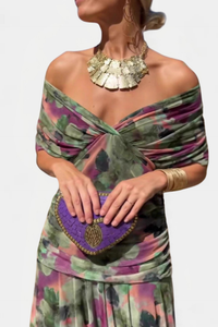 Inés | Langes Blumenkleid mit V-Ausschnitt – Grün/Lila