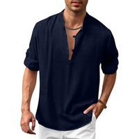 Herren Langarm Shirt mit V-Ausschnitt | Lockeres Freizeithemd mit Knöpfen – Marine
