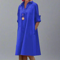 Christiana | Elegantes Langarmkleid mit Tasche – Blau