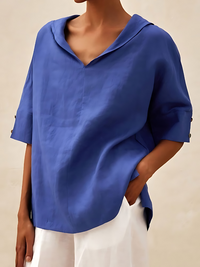 Heidi-Mode | V-Ausschnitt Casual Leinenhemd – Blau