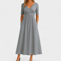 Lilian | Damen Maxikleid V-Ausschnitt Kurzarm Fließend Sommer Elegant – Grau
