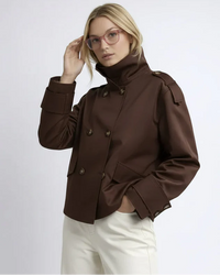 Kurzer Trenchcoat für Damen mit doppelter Knopfleiste und hohem Kragen – Braun