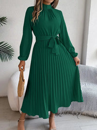 Damen Langarm Falten Kleid mit Gürtel – Grün