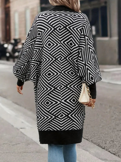 Rerzelha | Moderner geometrischer Strickjacke mit langen Ärmeln und mittlerer Länge