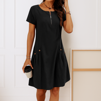 Ester™ | Elegantes Baumwollkleid mit kurzen Ärmeln und Taschen – Schwarz