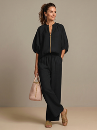 Natalia | Blouson-Top mit Reißverschluss und weit geschnittene Hose – Schwarz