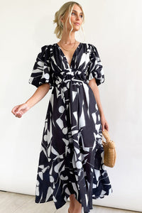 Heidi-Mode | Real Love Print Puffärmel Maxi Kleid – Schwarz