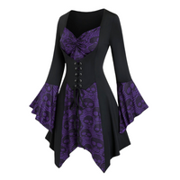 Damen Gothic Halloween-Kleid mit Spitze | Midi-Länge und Trompetenärmeln – Lila
