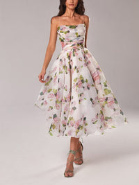 Belle | Damen Midi-Kleid Träger Rosenprint Ausgestellter Rock – Rosa