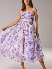 Belle | Damen Midi-Kleid Träger Rosenprint Ausgestellter Rock – Lila