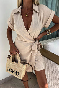 Saskia | Lässiger Leinen-Jumpsuit mit Revers – Apricot