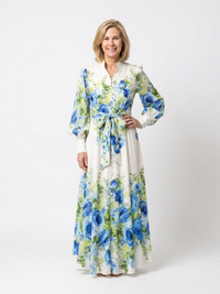 Harper | Langärmliges Blumenknopf-Front-Maxikleid – Grün