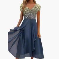 Midikleid für Damen - Elegant mit Pailletten & Chiffonrock – Gold Blau