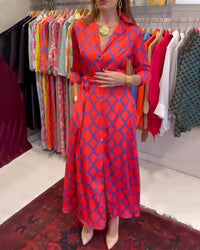 Hemdblusenkleid mit V-Ausschnitt und 3/4-Ärmeln – Rot