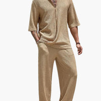 Herren Sommer Set mit Kurzarmhemd und elastischer Hose – Khaki