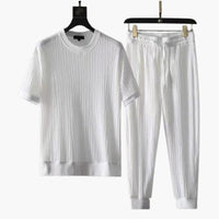 Männer Plissee Zweiteiler mit Rundhals T-Shirt und Jogginghose – Weiß