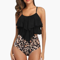 Zweiteiliger Damen - Tankini mit Volant und Bauchkontrolle – Schwarz Leopard