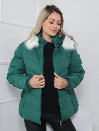 Leynira | Grüne Steppjacke mit Fellkapuze