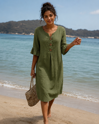 Éliane - Elegantes Knopf-V-Ausschnitt-Kleid – Grün
