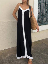 Mittellanges Kleid mit verstellbaren Trägern und Blockfarben-Design – Schwarz