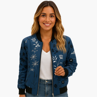 Damen Bomberjacke mit Reißverschluss vorn und bedruckter Oberfläche – Blau