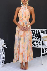Aurora™ - Elegantes Maxikleid mit Halterneck und Aquarelldruck – Pfirsich