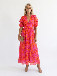 Willow | Florales V-Ausschnitt Midi Kleid mit Puffärmeln – Rosa