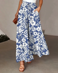 Heidi-Mode | Hose mit Weitem Bein und Floralem Muster – Blau