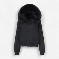 Strickjacke für Damen mit flauschiger Kapuze - kurz – Schwarz
