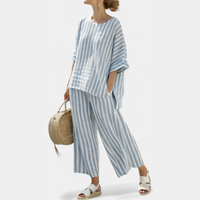 Melanie | Damen Zweiteiler Hosen Set Gestreift Koordiniert Casual Modern – Blau gestreift
