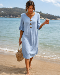Éliane - Elegantes Knopf-V-Ausschnitt-Kleid – Blau