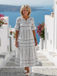 Parisa | Damen Stufenkleid Gestreift Kurzarm Sommer – Weiß