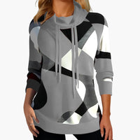 Damen Kapuzen pullover mit geometrischem Print, Kordelzug und langen Ärmeln – Grau