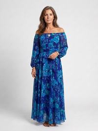 Aspen | Off-Shoulder Blumenkleid Maxi – Blau