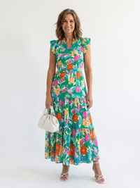 Lila | Floral V-Ausschnitt Schichten Midi Kleid – Grün