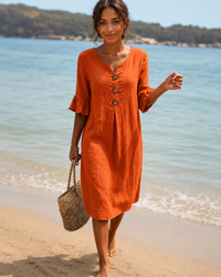 Éliane - Elegantes Knopf-V-Ausschnitt-Kleid – Orange